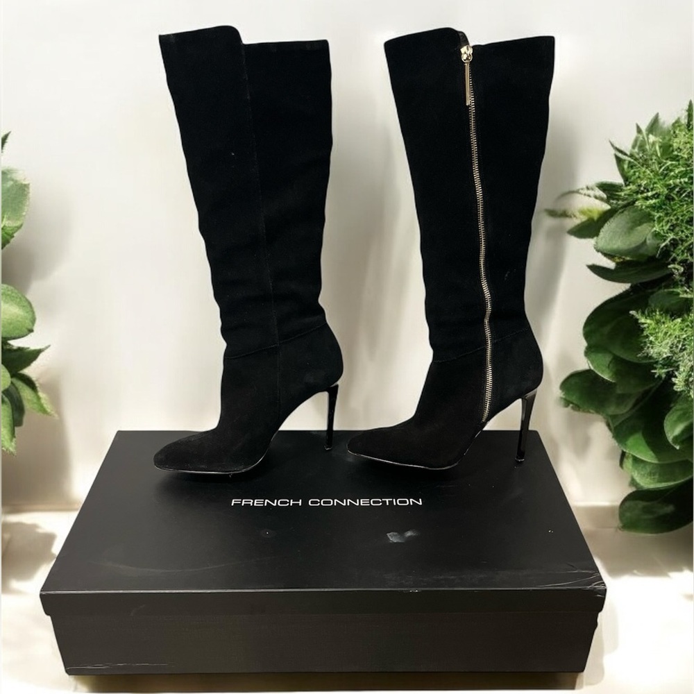 FRENCH CONNECTION MOLLY BLACK SUEDE KNEE LENGTH HEELED BOOTS SIZE 38M